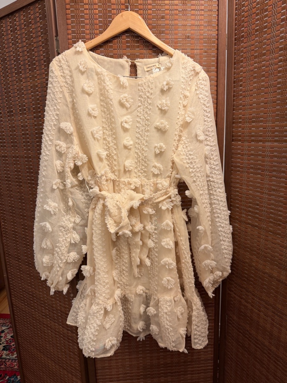 Textured Cream Mini Dress with Tie Waist